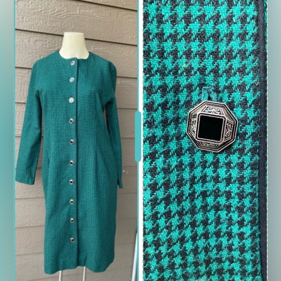 Vintage Wool Dress Houndstooth Pattern Black Green Long Sleeve Tailored M - Picture 1 of 15